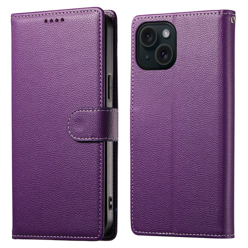 DF-012 For iPhone 15 Case Litchi Texture Leather Magnetic Clasp Wallet Stand Phone Cover - Purple - 1