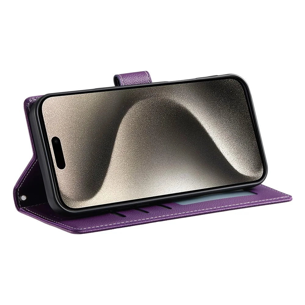 DF-012 For iPhone 15 Case Litchi Texture Leather Magnetic Clasp Wallet Stand Phone Cover - Purple - 4