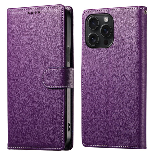 For iPhone 15 Pro Case Litchi Texture Leather Wallet Phone Cover Magnetic Snap - Purple - 1