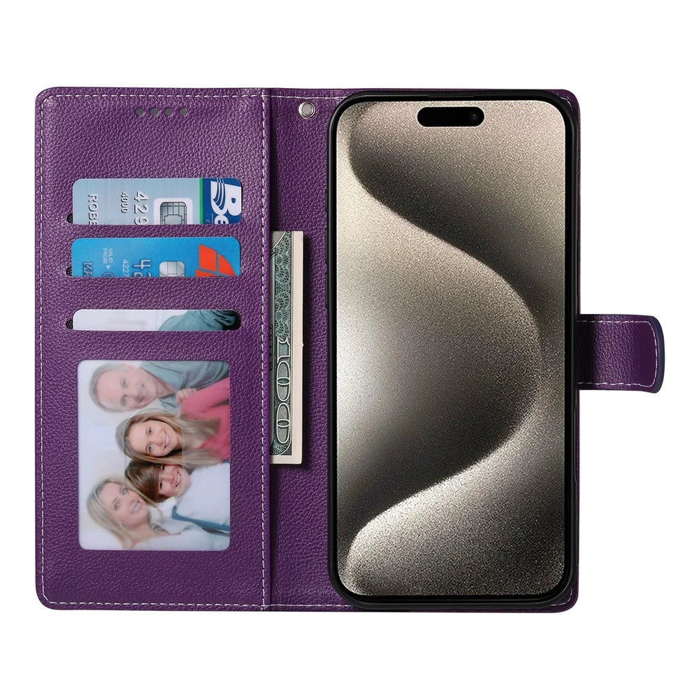 For iPhone 15 Pro Case Litchi Texture Leather Wallet Phone Cover Magnetic Snap - Purple - 2
