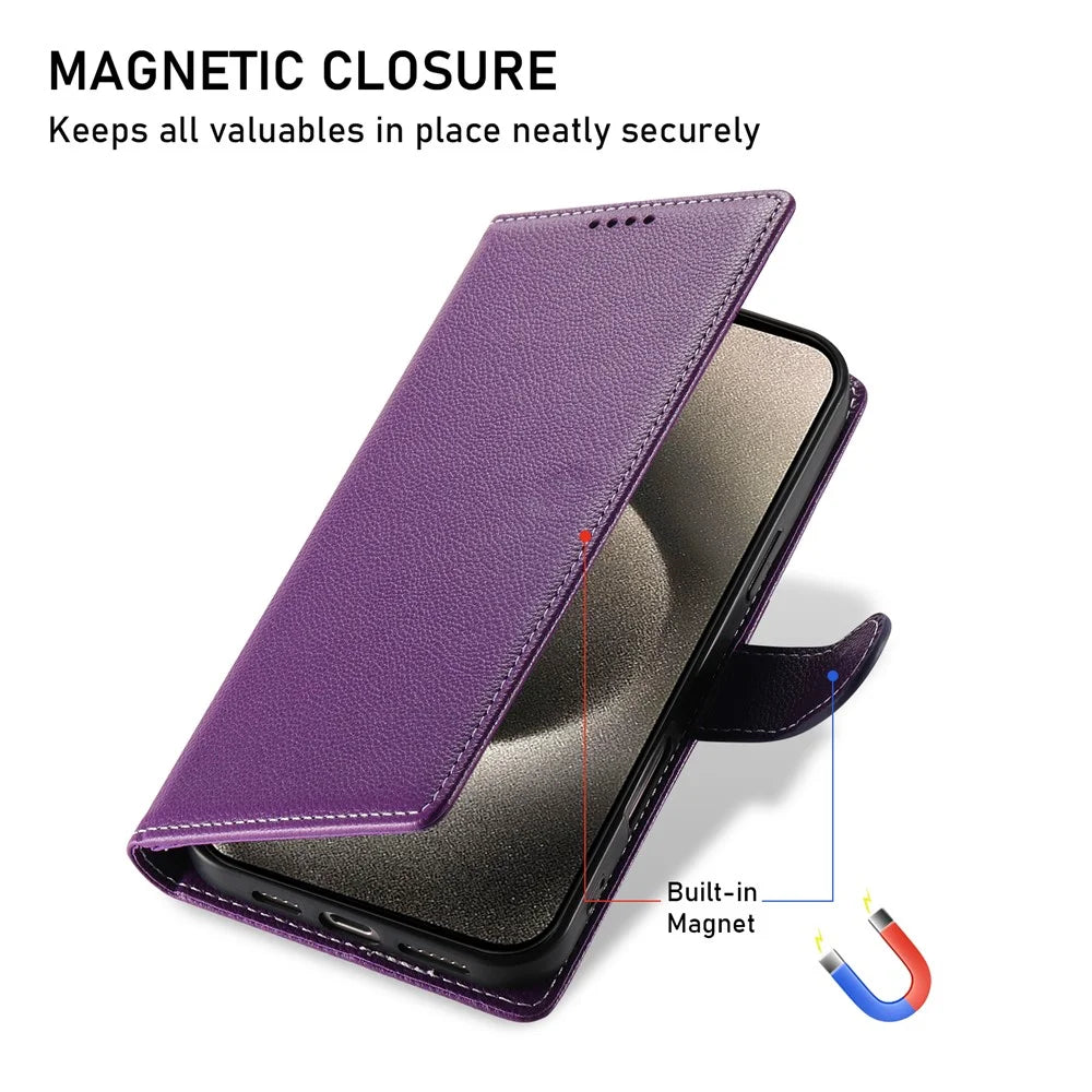 For iPhone 15 Pro Max Stand Case Litchi Texture Leather Wallet Phone Cover Magnetic Snap - Purple - 6