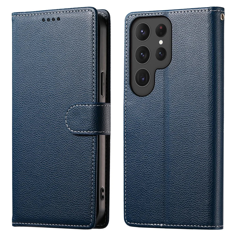DF-012 For Samsung Galaxy S25 Ultra Case Litchi Texture Leather Wallet Stand Phone Cover - Dark Blue - 1