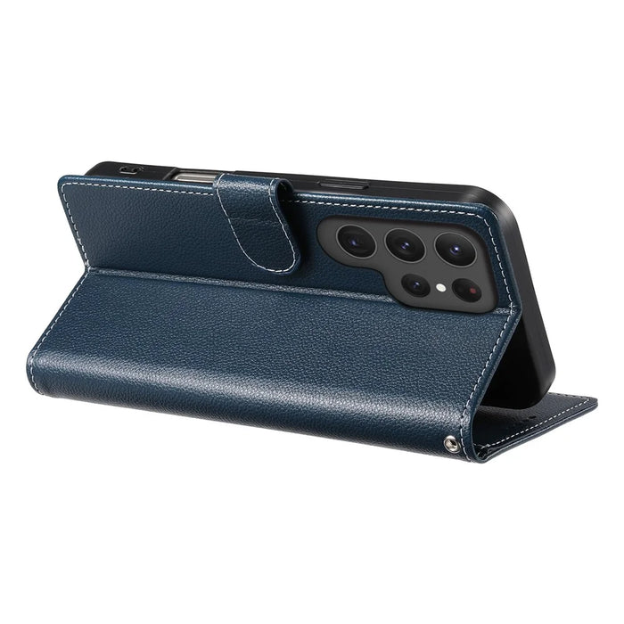 DF-012 For Samsung Galaxy S25 Ultra Case Litchi Texture Leather Wallet Stand Phone Cover - Dark Blue - 3