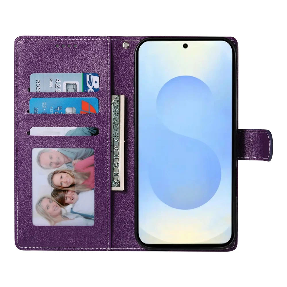 For Samsung Galaxy S25+  Case Litchi Texture Leather Wallet Phone Cover Magnetic Snap - Purple - 2