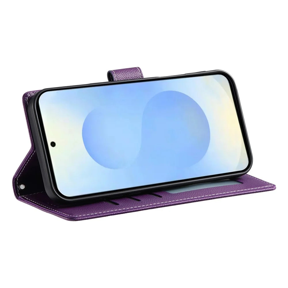 For Samsung Galaxy S25+  Case Litchi Texture Leather Wallet Phone Cover Magnetic Snap - Purple - 4