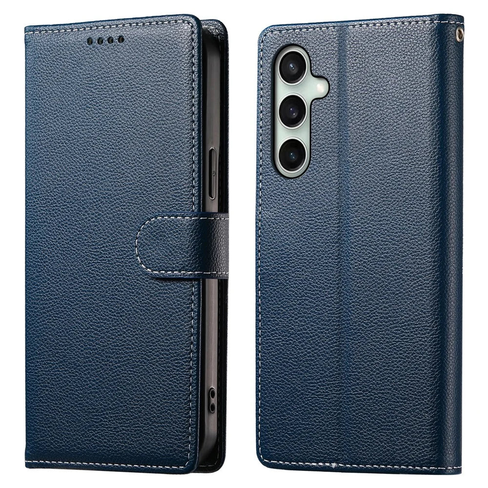 DF-012 For Samsung Galaxy S24 FE Case Litchi Texture Leather Magnetic Clasp Wallet Stand Phone Cover with Wrist Strap - Dark Blue - 1