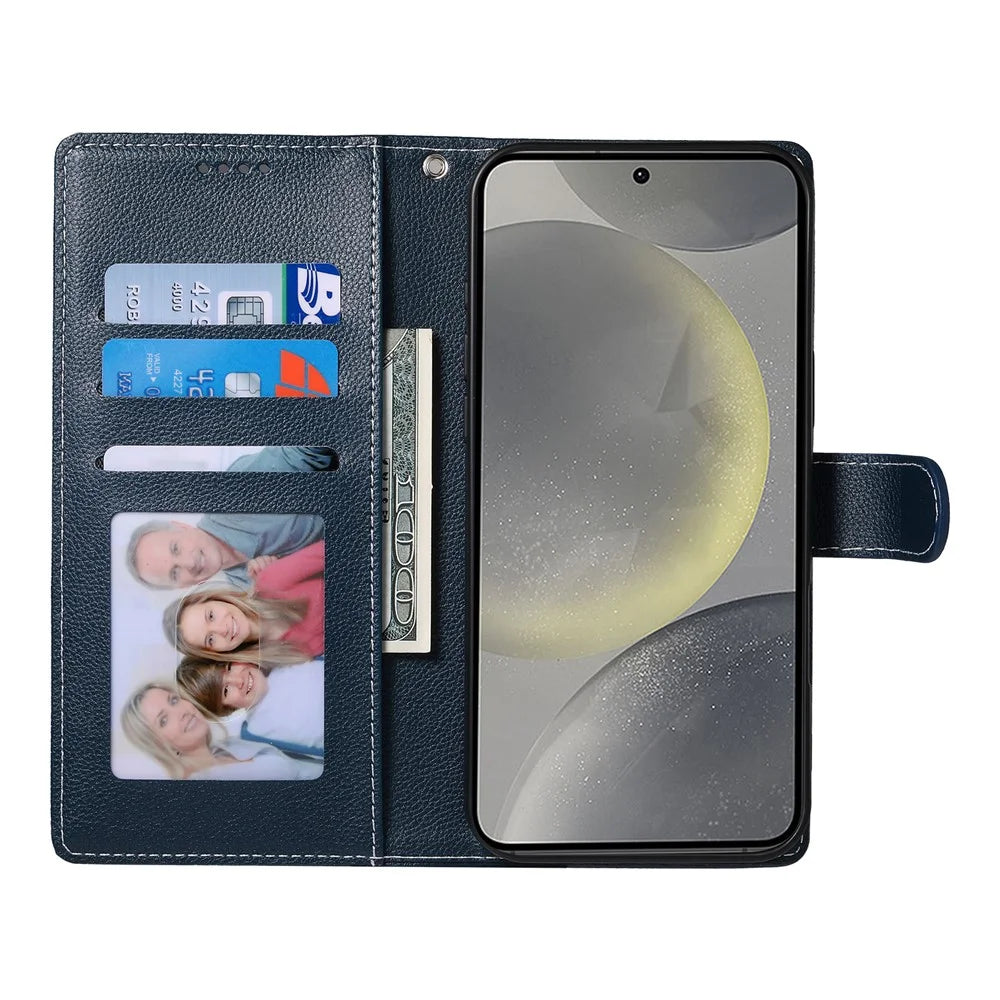DF-012 For Samsung Galaxy S24 FE Case Litchi Texture Leather Magnetic Clasp Wallet Stand Phone Cover with Wrist Strap - Dark Blue - 2