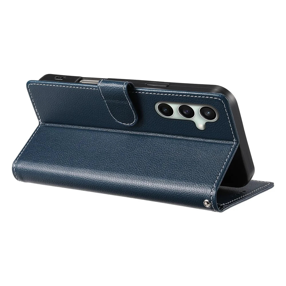 DF-012 For Samsung Galaxy S24 FE Case Litchi Texture Leather Magnetic Clasp Wallet Stand Phone Cover with Wrist Strap - Dark Blue - 3