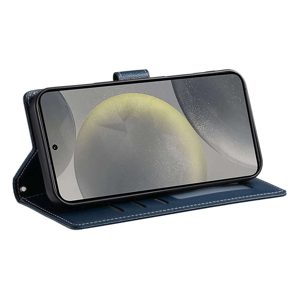 DF-012 For Samsung Galaxy S24 FE Case Litchi Texture Leather Magnetic Clasp Wallet Stand Phone Cover with Wrist Strap - Dark Blue - 4