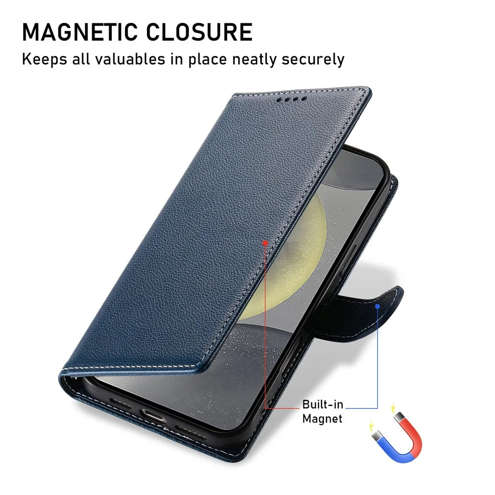 DF-012 For Samsung Galaxy S24 FE Case Litchi Texture Leather Magnetic Clasp Wallet Stand Phone Cover with Wrist Strap - Dark Blue - 6