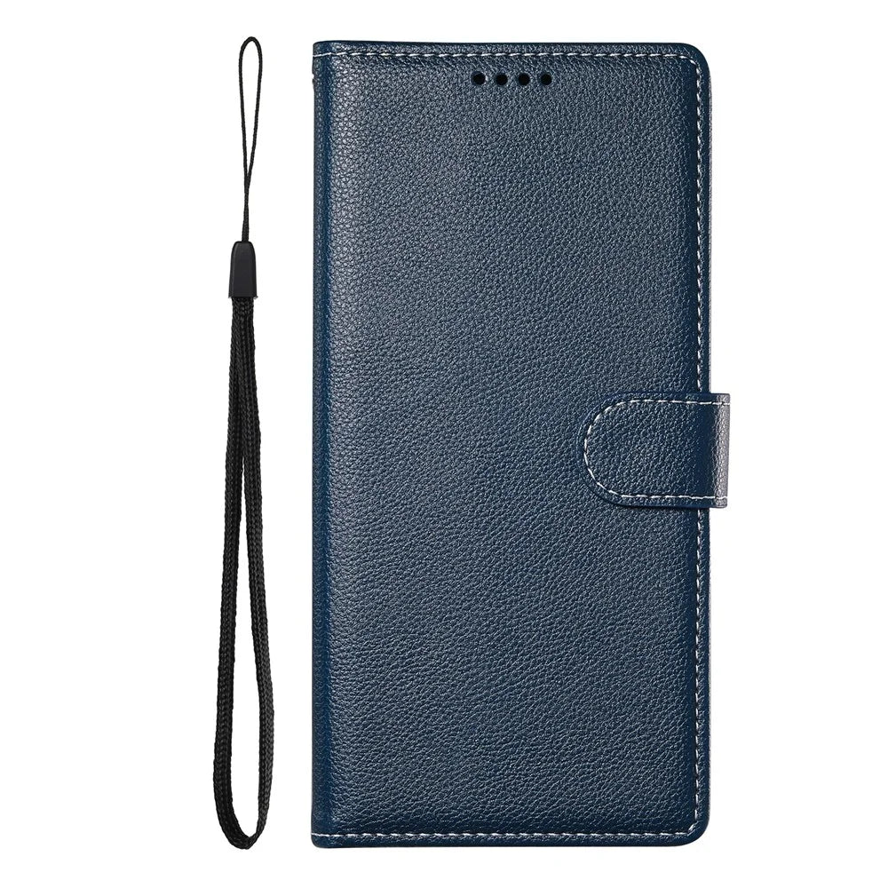 DF-012 For Samsung Galaxy S24 FE Case Litchi Texture Leather Magnetic Clasp Wallet Stand Phone Cover with Wrist Strap - Dark Blue - 7