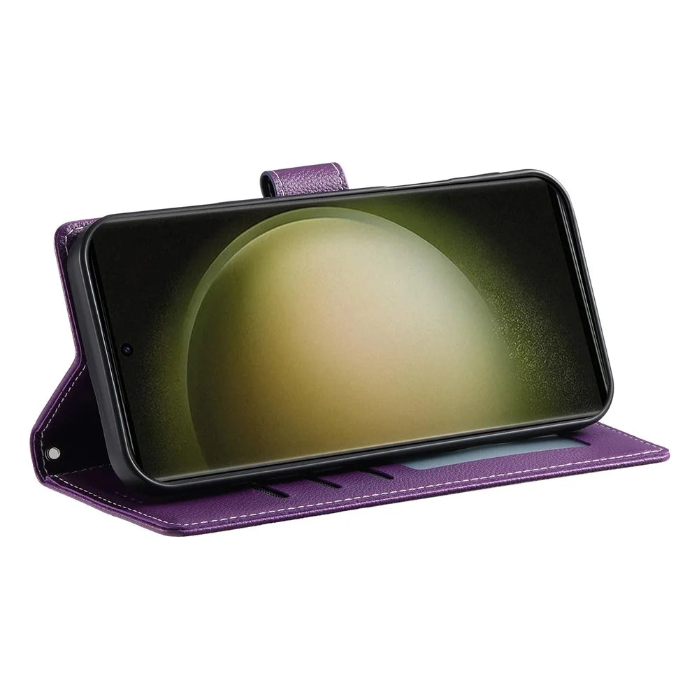DF-012 For Samsung Galaxy S23 FE Case Litchi Texture Leather Wallet Stand Phone Cover - Purple - 4