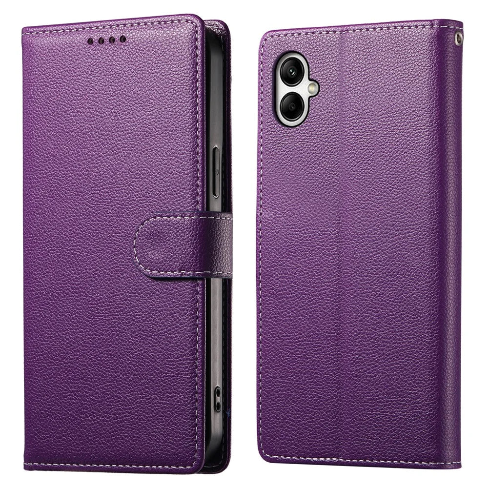 For Samsung Galaxy A06 4G Case Litchi Texture Leather Magnetic Clasp Wallet Stand Phone Cover with Wrist Strap - Purple - 1