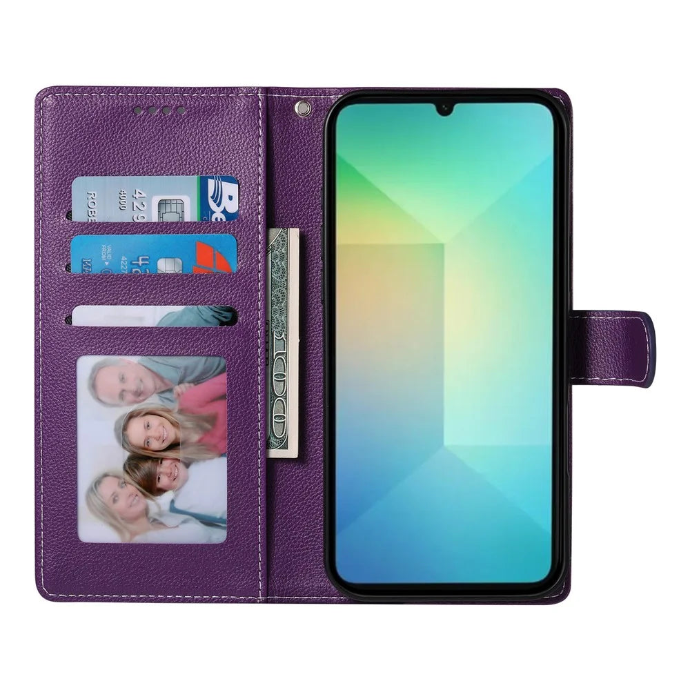 For Samsung Galaxy A06 4G Case Litchi Texture Leather Magnetic Clasp Wallet Stand Phone Cover with Wrist Strap - Purple - 2