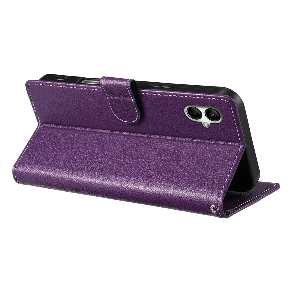 For Samsung Galaxy A06 4G Case Litchi Texture Leather Magnetic Clasp Wallet Stand Phone Cover with Wrist Strap - Purple - 3