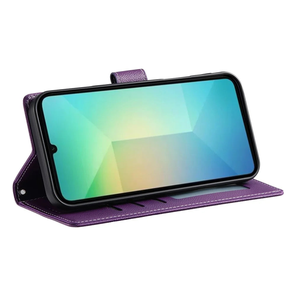 For Samsung Galaxy A06 4G Case Litchi Texture Leather Magnetic Clasp Wallet Stand Phone Cover with Wrist Strap - Purple - 4