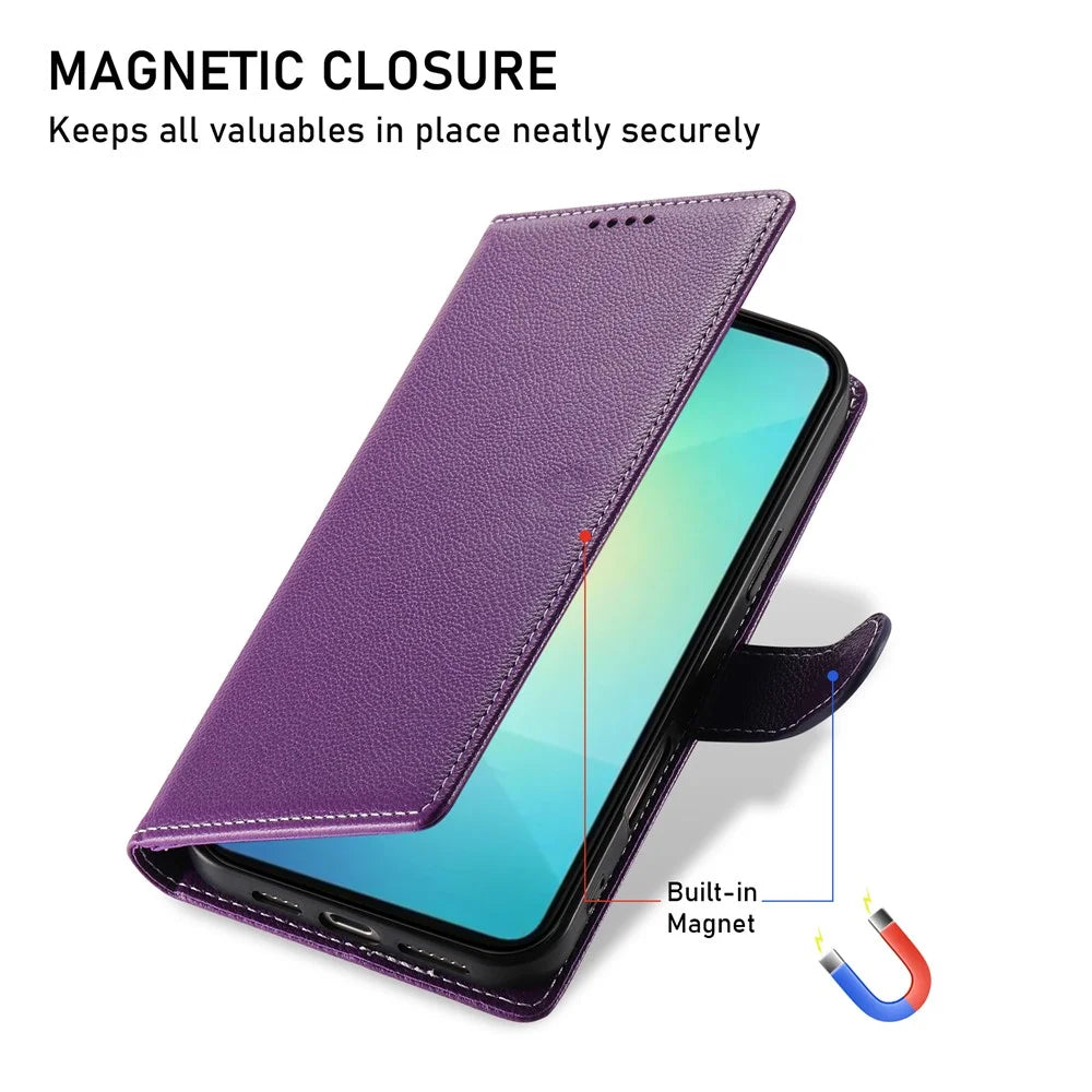 For Samsung Galaxy A06 4G Case Litchi Texture Leather Magnetic Clasp Wallet Stand Phone Cover with Wrist Strap - Purple - 6