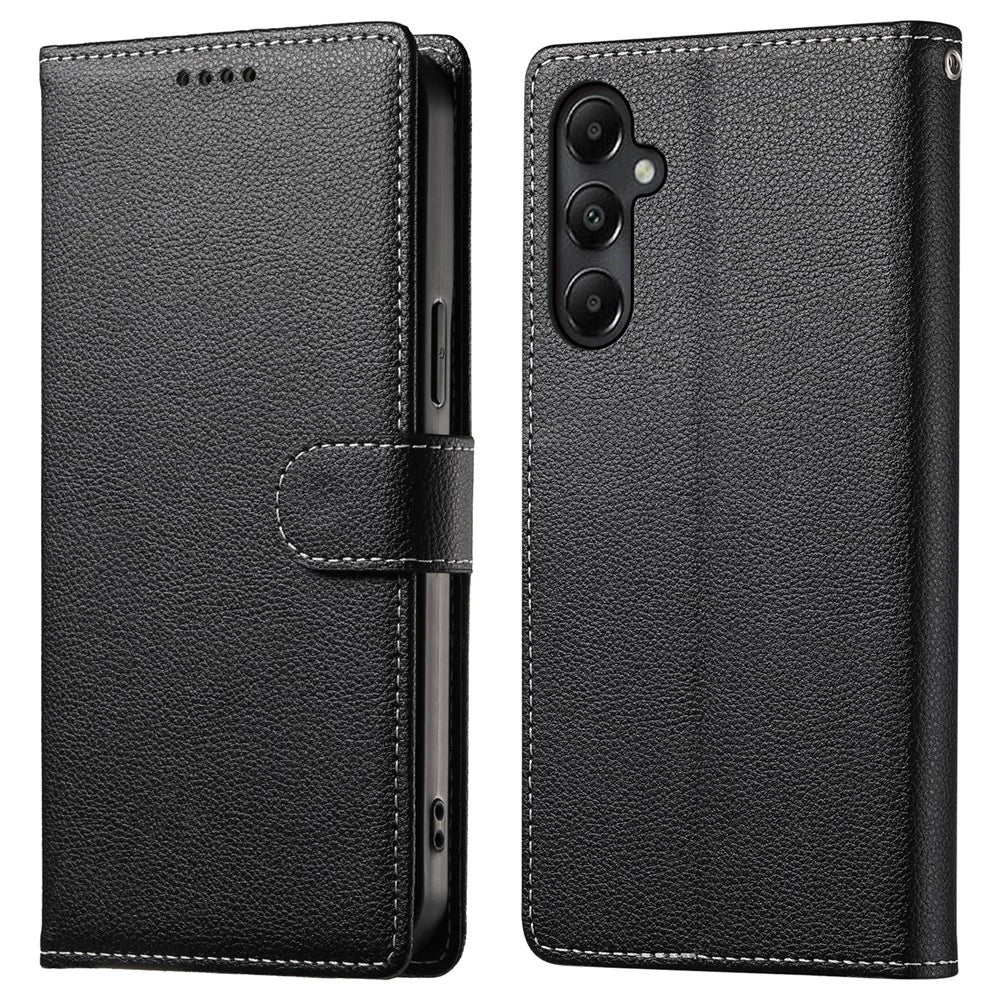 DF-012 For Samsung Galaxy A05s 4G Case Litchi Texture Leather Magnetic Clasp Wallet Stand Phone Cover with Wrist Strap - Black - 1