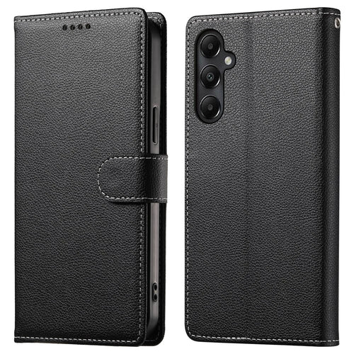 DF-012 For Samsung Galaxy A05s 4G Case Litchi Texture Leather Magnetic Clasp Wallet Stand Phone Cover with Wrist Strap - Black - 1