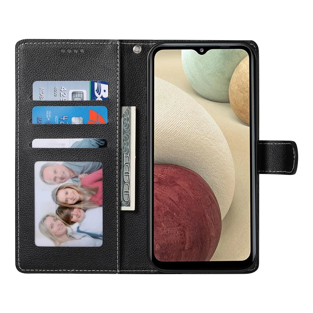 DF-012 For Samsung Galaxy A05s 4G Case Litchi Texture Leather Magnetic Clasp Wallet Stand Phone Cover with Wrist Strap - Black - 2