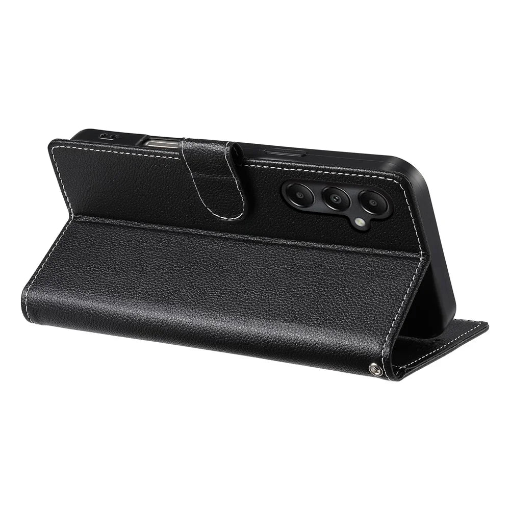 DF-012 For Samsung Galaxy A05s 4G Case Litchi Texture Leather Magnetic Clasp Wallet Stand Phone Cover with Wrist Strap - Black - 3
