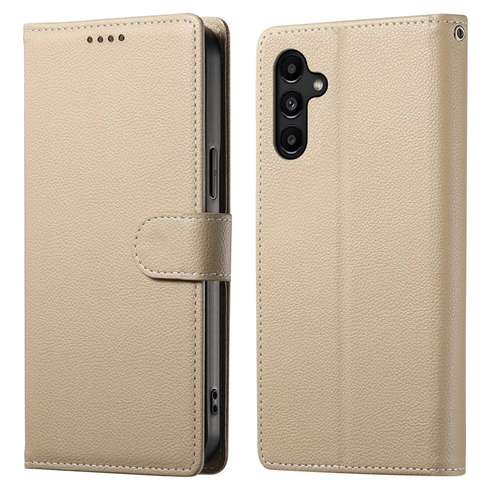 DF-012 For Samsung Galaxy A15 5G / A15 4G Case Litchi Texture Leather Magnetic Clasp Wallet Stand Phone Cover with Wrist Strap - Apricot - 1