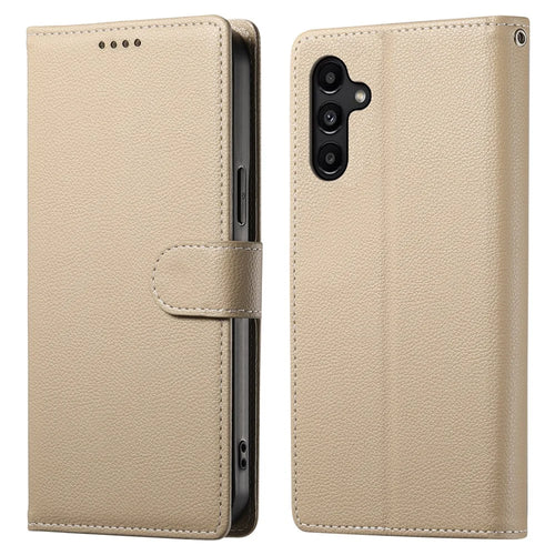 DF-012 For Samsung Galaxy A15 5G / A15 4G Case Litchi Texture Leather Magnetic Clasp Wallet Stand Phone Cover with Wrist Strap - Apricot - 1