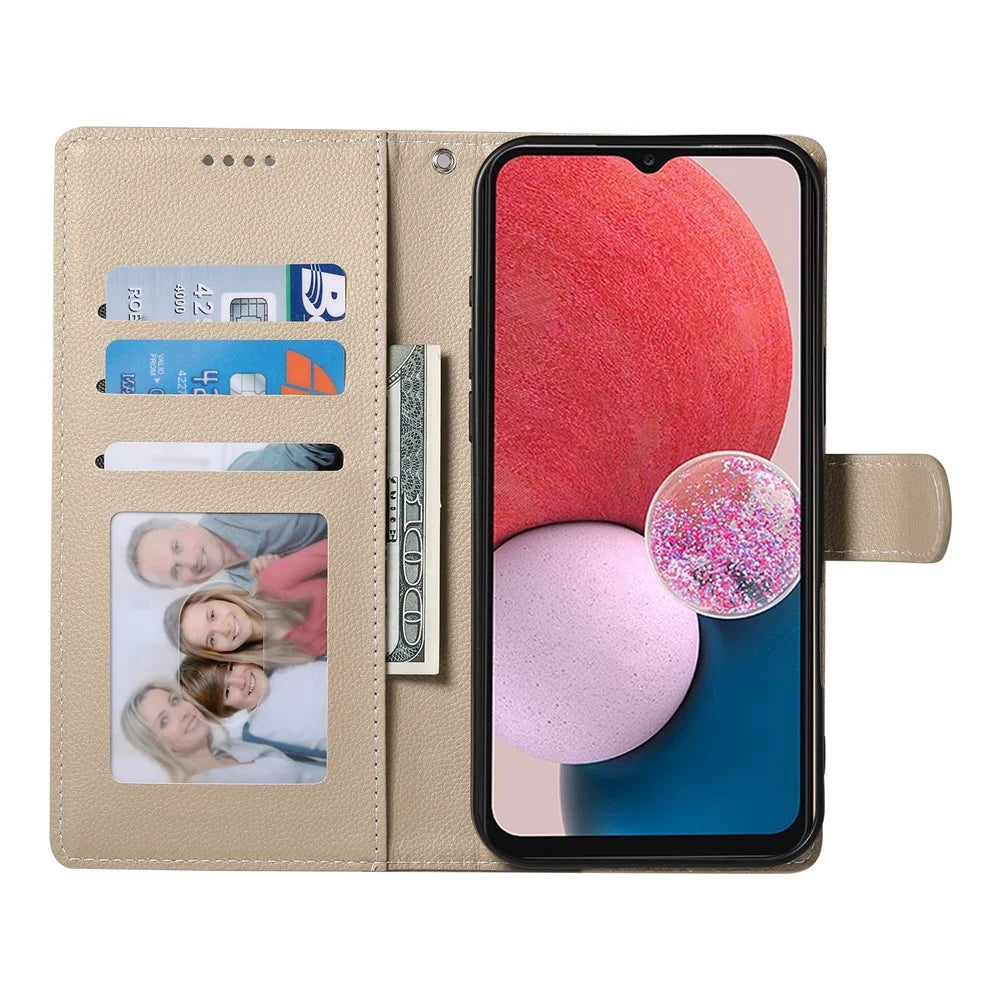 DF-012 For Samsung Galaxy A15 5G / A15 4G Case Litchi Texture Leather Magnetic Clasp Wallet Stand Phone Cover with Wrist Strap - Apricot - 2