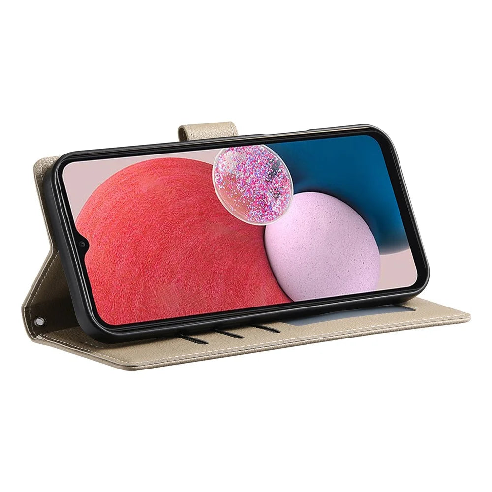 DF-012 For Samsung Galaxy A15 5G / A15 4G Case Litchi Texture Leather Magnetic Clasp Wallet Stand Phone Cover with Wrist Strap - Apricot - 4