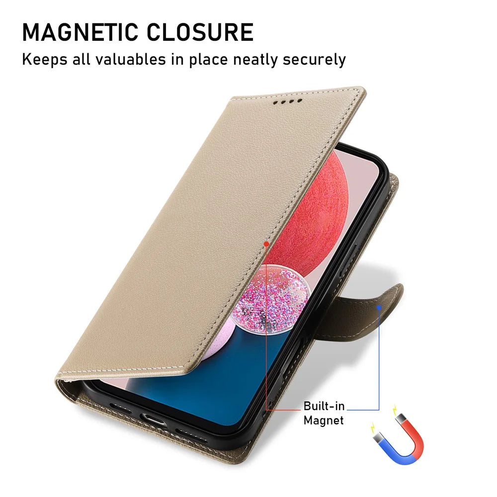 DF-012 For Samsung Galaxy A15 5G / A15 4G Case Litchi Texture Leather Magnetic Clasp Wallet Stand Phone Cover with Wrist Strap - Apricot - 6