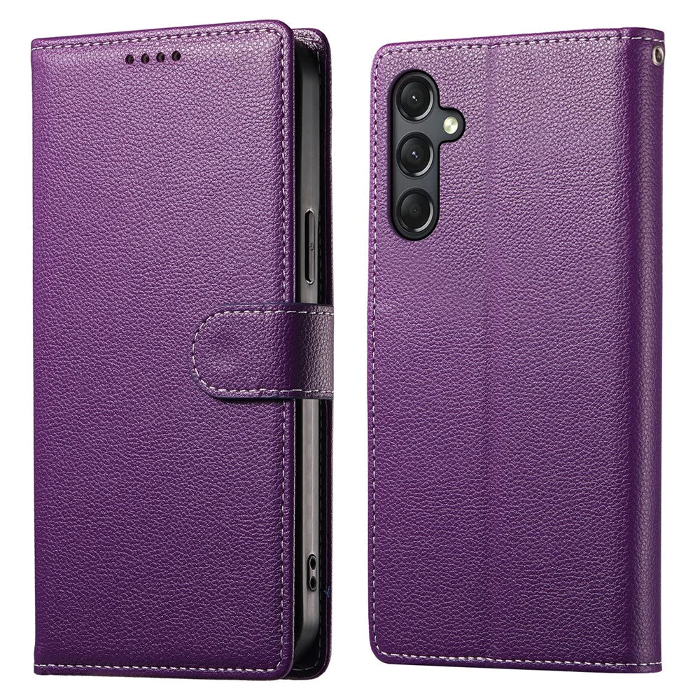 DF-012 For Samsung Galaxy A24 4G (162.1 x 77.6 x 8.3mm) Case Litchi Texture Leather Magnetic Clasp Wallet Stand Phone Cover - Purple - 1