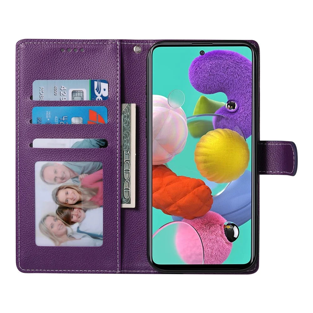 DF-012 For Samsung Galaxy A24 4G (162.1 x 77.6 x 8.3mm) Case Litchi Texture Leather Magnetic Clasp Wallet Stand Phone Cover - Purple - 2