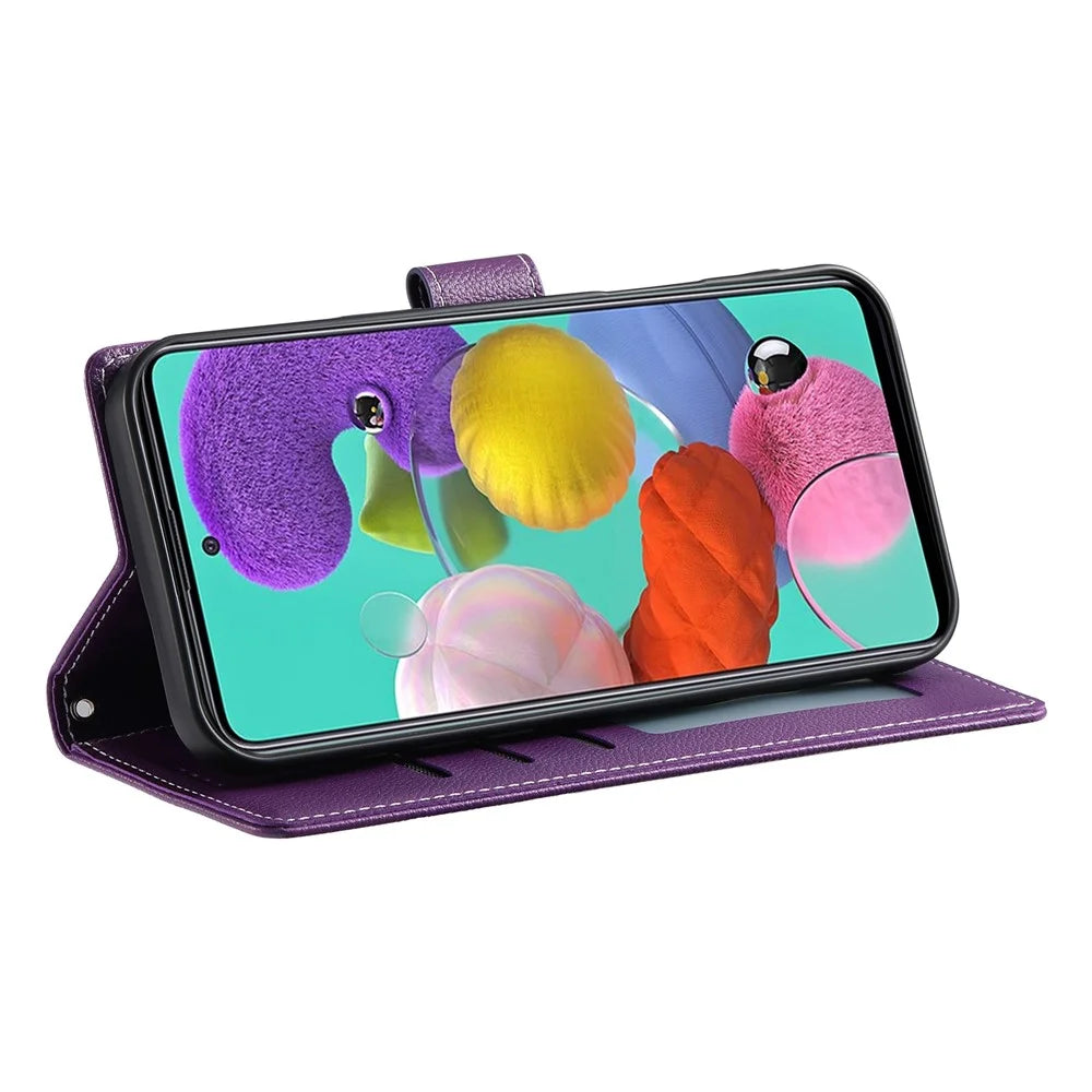 DF-012 For Samsung Galaxy A24 4G (162.1 x 77.6 x 8.3mm) Case Litchi Texture Leather Magnetic Clasp Wallet Stand Phone Cover - Purple - 4