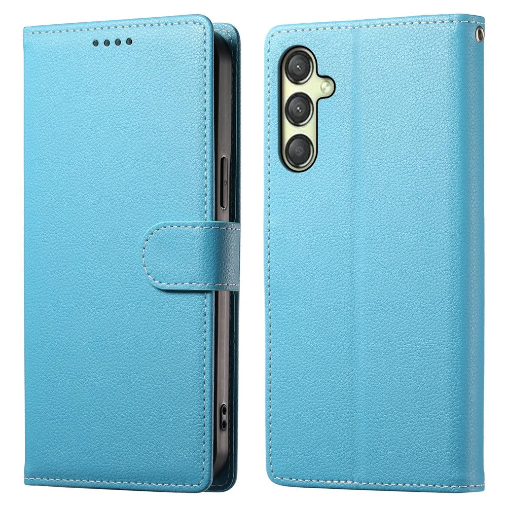 DF-012 For Samsung Galaxy A25 5G (Global) (161.0 x 76.5 x 8.3mm) Case Litchi Texture Leather Wallet Stand Phone Cover - Sky Blue - 1