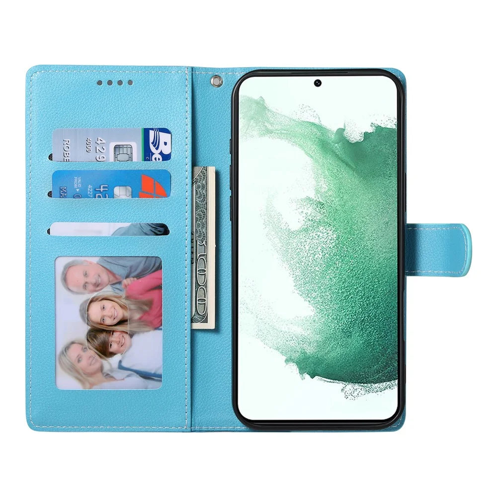 DF-012 For Samsung Galaxy A25 5G (Global) (161.0 x 76.5 x 8.3mm) Case Litchi Texture Leather Wallet Stand Phone Cover - Sky Blue - 2