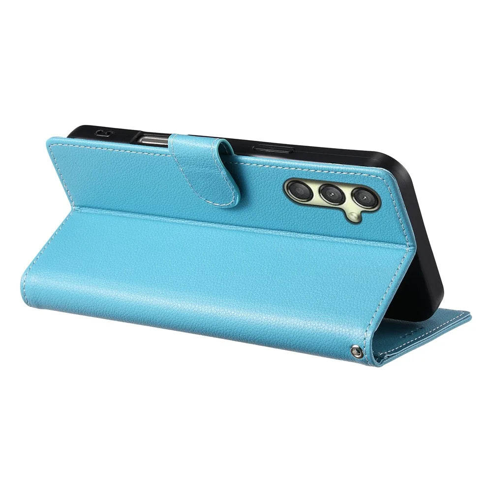DF-012 For Samsung Galaxy A25 5G (Global) (161.0 x 76.5 x 8.3mm) Case Litchi Texture Leather Wallet Stand Phone Cover - Sky Blue - 3