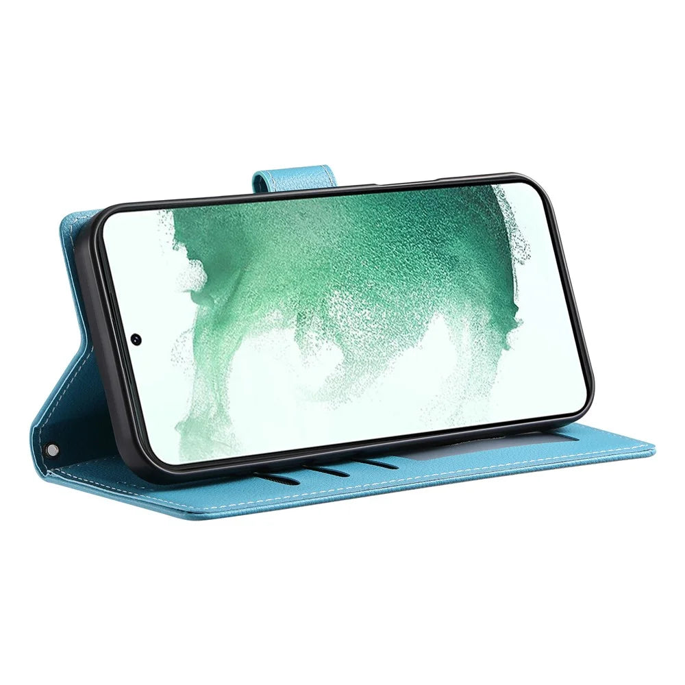 DF-012 For Samsung Galaxy A25 5G (Global) (161.0 x 76.5 x 8.3mm) Case Litchi Texture Leather Wallet Stand Phone Cover - Sky Blue - 4