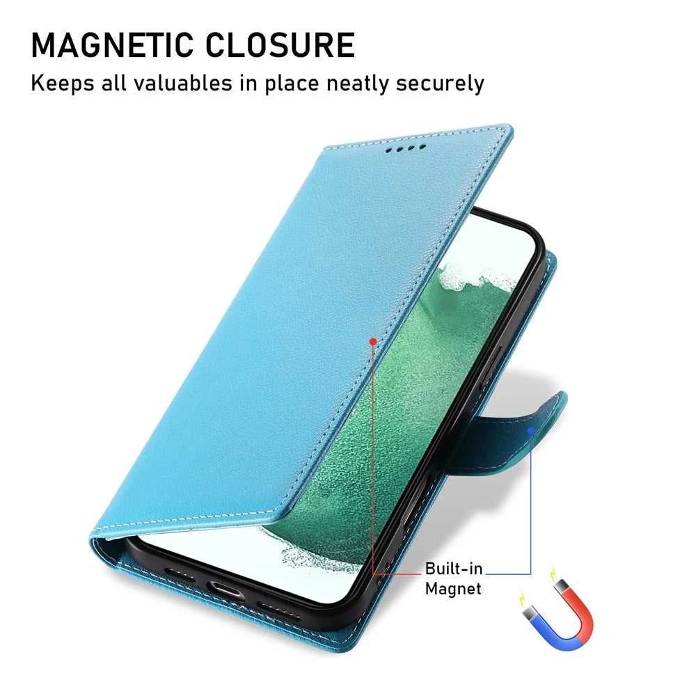 DF-012 For Samsung Galaxy A25 5G (Global) (161.0 x 76.5 x 8.3mm) Case Litchi Texture Leather Wallet Stand Phone Cover - Sky Blue - 6