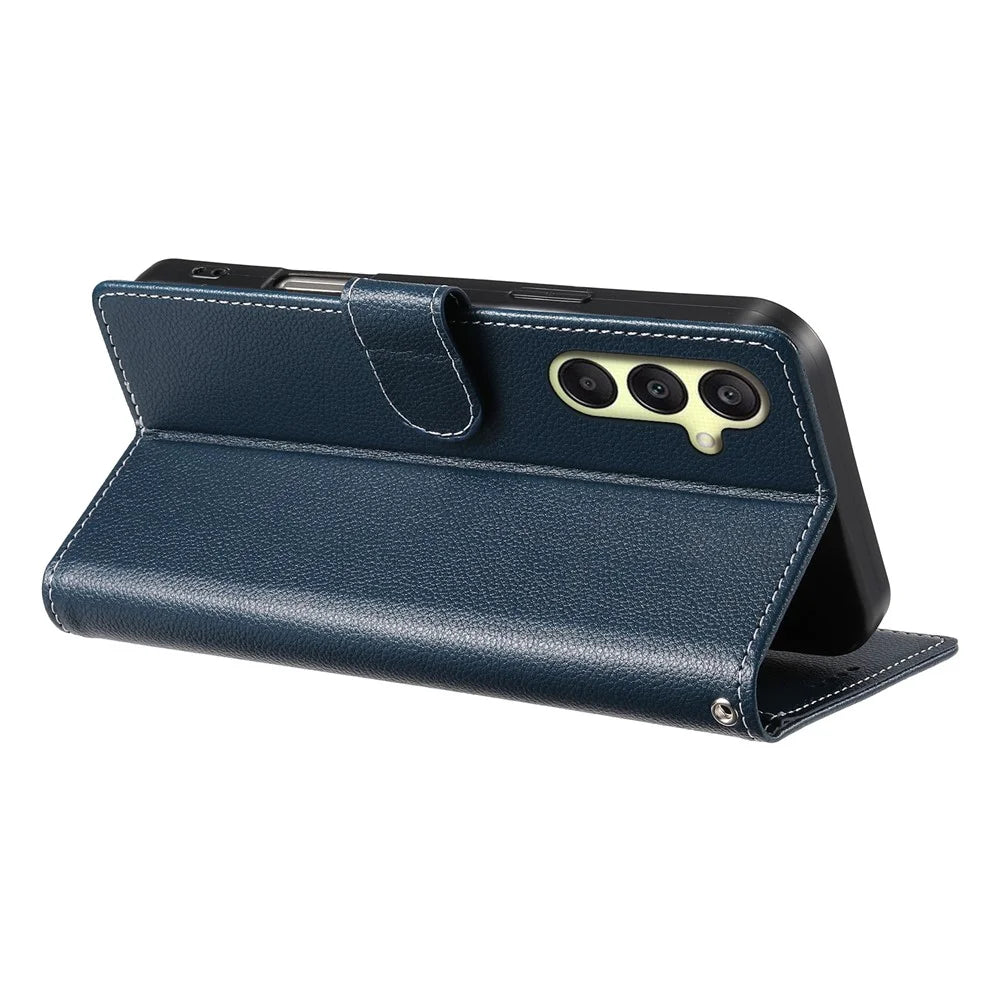 DF-012 For Samsung Galaxy A16 5G / A16 4G Case Litchi Texture Leather Magnetic Clasp Wallet Stand Phone Cover - Dark Blue - 3