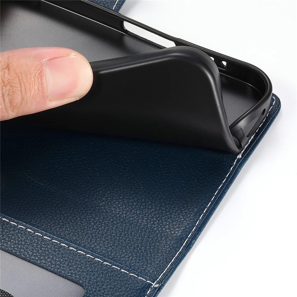 DF-012 For Samsung Galaxy A16 5G / A16 4G Case Litchi Texture Leather Magnetic Clasp Wallet Stand Phone Cover - Dark Blue - 5