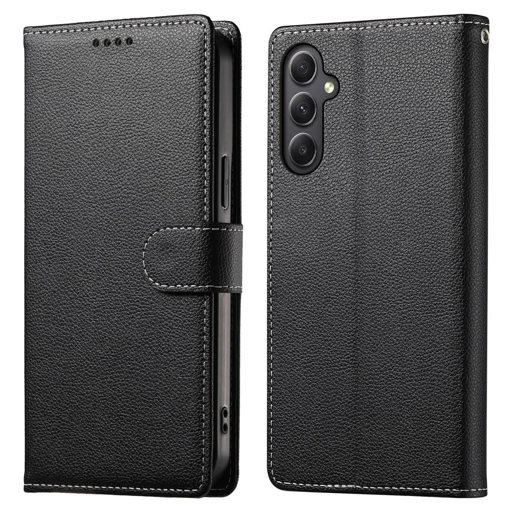 DF-012 For Samsung Galaxy A35 5G Case Litchi Texture Leather Magnetic Clasp Wallet Stand Phone Cover - Black - 1