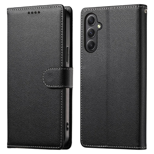 DF-012 For Samsung Galaxy A35 5G Case Litchi Texture Leather Magnetic Clasp Wallet Stand Phone Cover - Black - 1