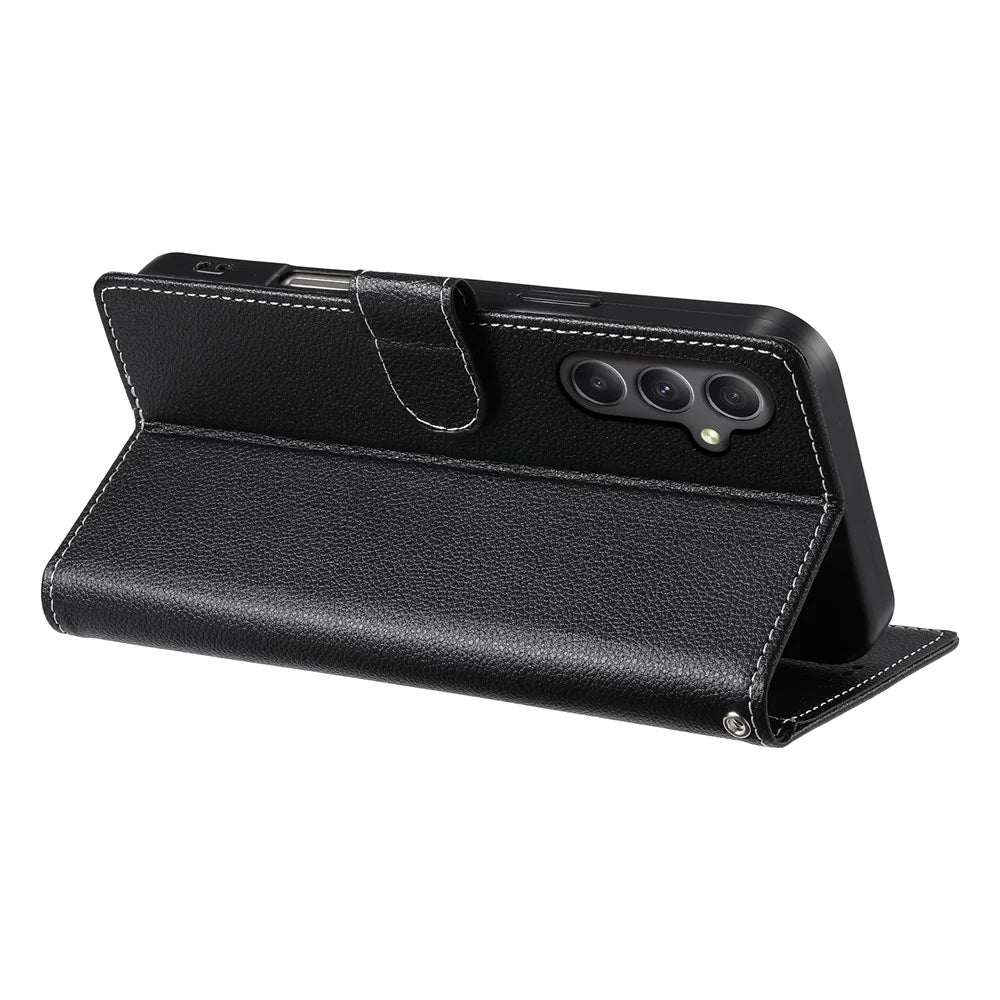 DF-012 For Samsung Galaxy A35 5G Case Litchi Texture Leather Magnetic Clasp Wallet Stand Phone Cover - Black - 3