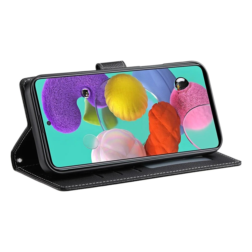DF-012 For Samsung Galaxy A35 5G Case Litchi Texture Leather Magnetic Clasp Wallet Stand Phone Cover - Black - 4