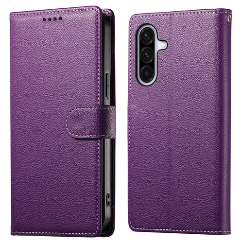 DF-012 For Samsung Galaxy A36 5G Case Litchi Texture Leather Magnetic Clasp Wallet Stand Phone Cover - Purple - 1