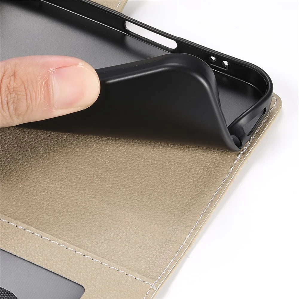 DF-012 For Samsung Galaxy A55 5G Case Litchi Texture Leather Magnetic Clasp Wallet Stand Phone Cover - Apricot - 5