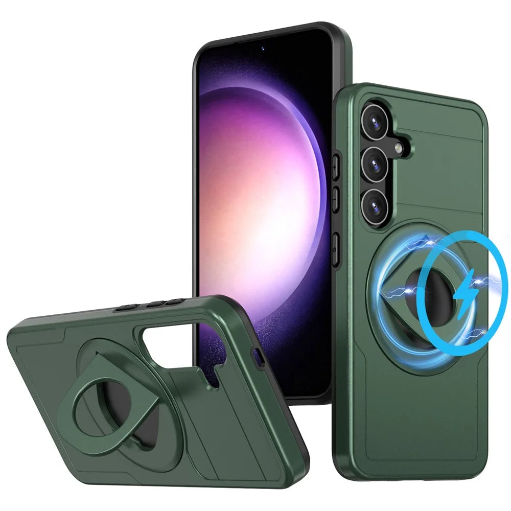For Samsung Galaxy S25 / S24 Magnetic Case Slide Camshield TPU + PC Kickstand Phone Cover - Blackish Green - 1