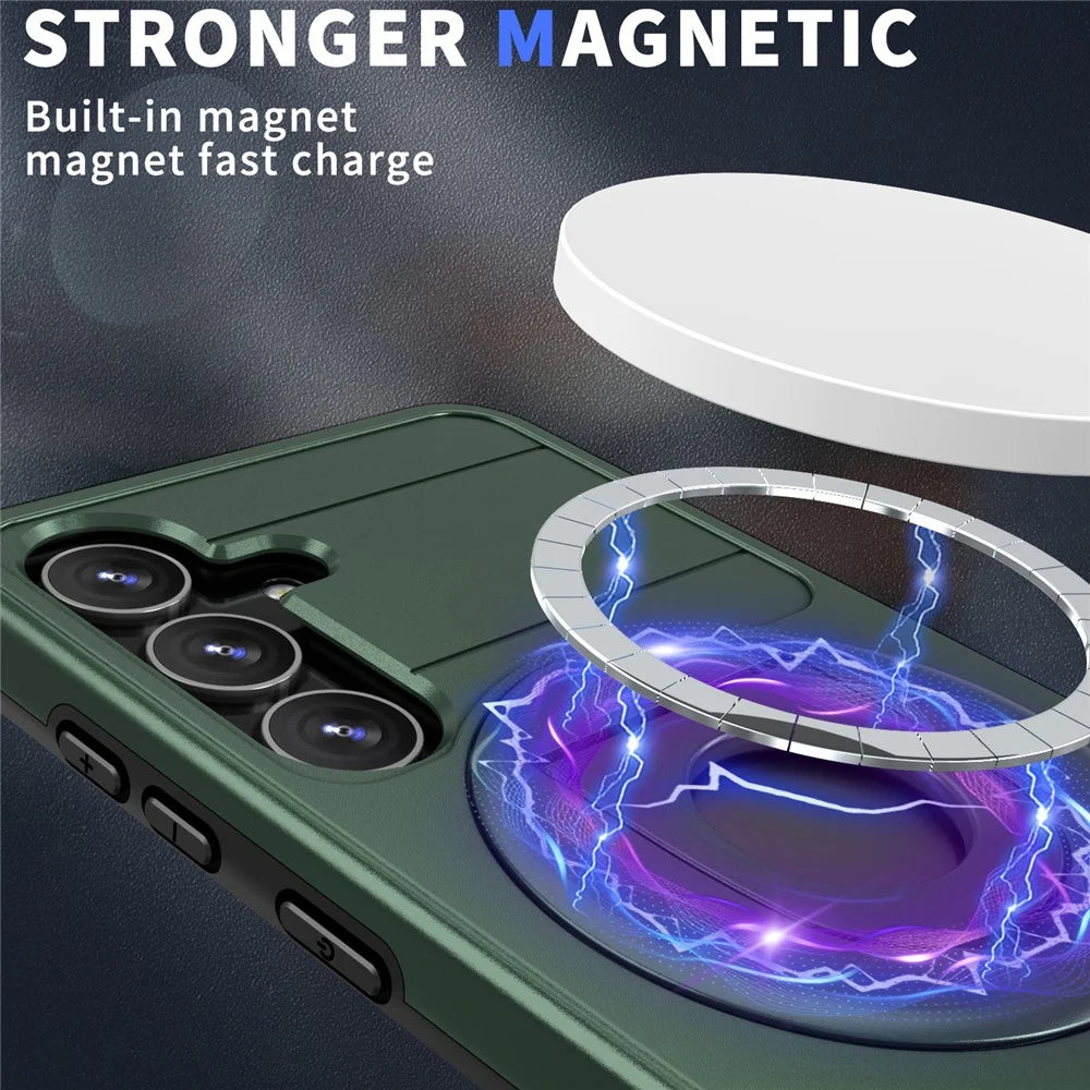For Samsung Galaxy S25 / S24 Magnetic Case Slide Camshield TPU + PC Kickstand Phone Cover - Blackish Green - 2