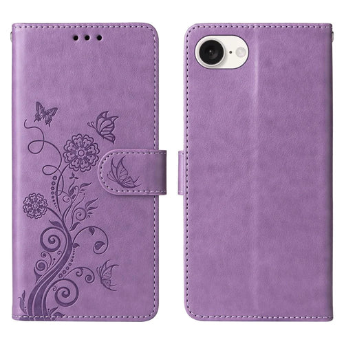 For iPhone 17e / 16e Case Butterfly Floral Imprint Wallet Stand Leather Phone Cover - Purple - 1