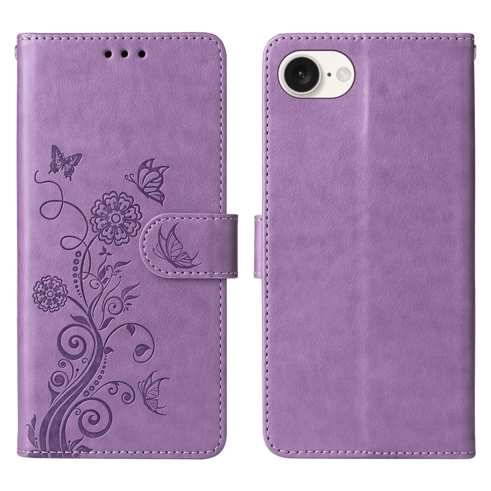 For iPhone 17e / 16e Case Butterfly Floral Imprint Wallet Stand Leather Phone Cover - Purple - 1